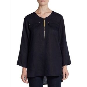 NEW Company Ellen Tracy Navy Blue Linen Blend Zip Front Tunic Shirt XXL